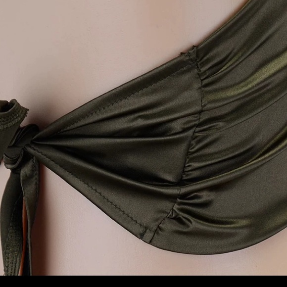 NEW Olive Silky Satin Wrap Chain Halter Crop Top - Picture 11 of 16